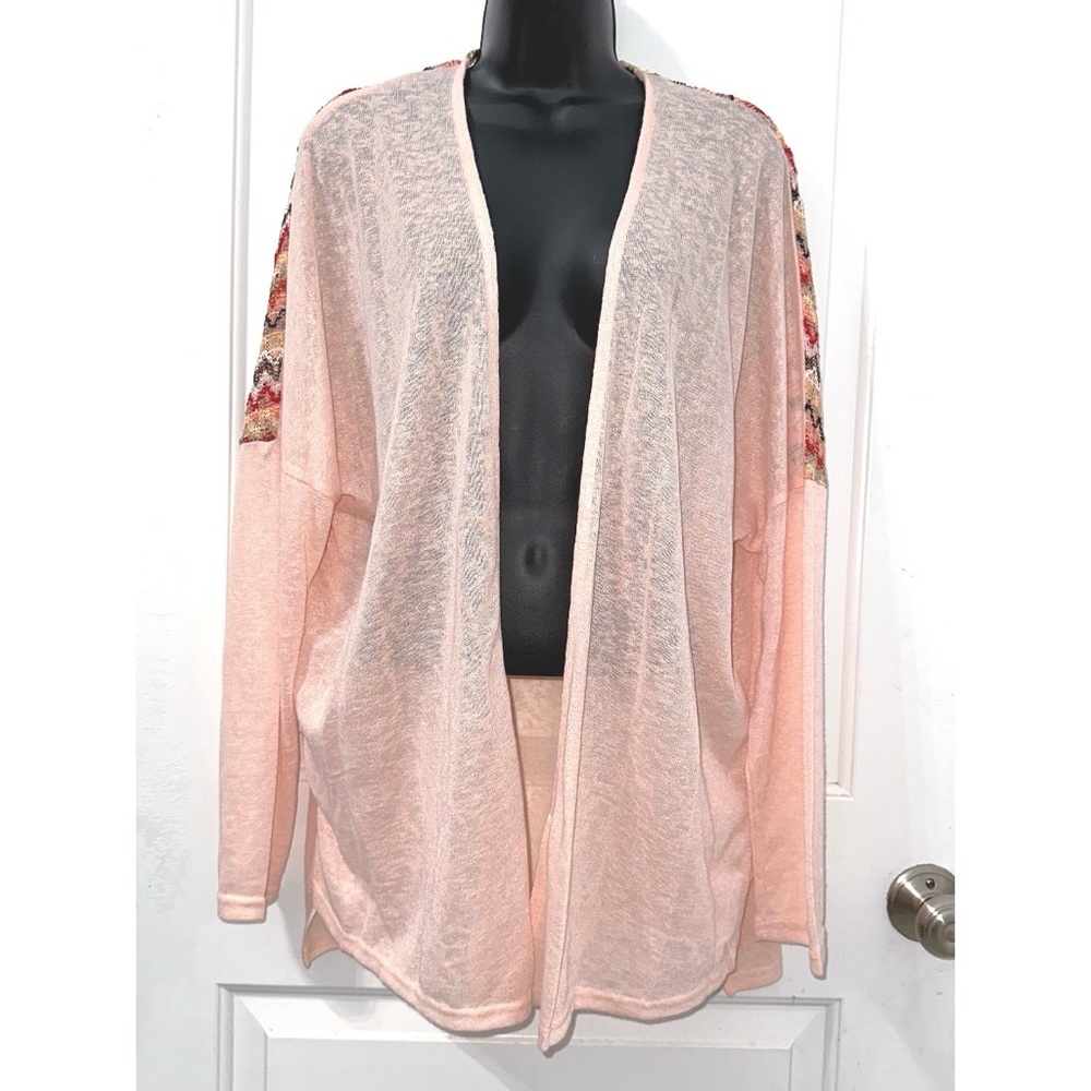 Loveriche open-front, light peach cardigan with colorful, patterned sleeves